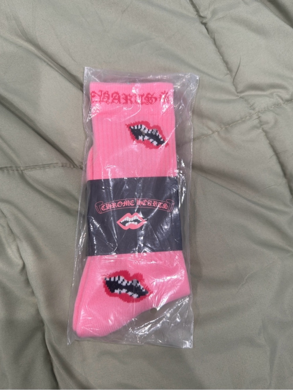 Chrome Hearts Crew Socks in Pink, White & Black with Lip Motif